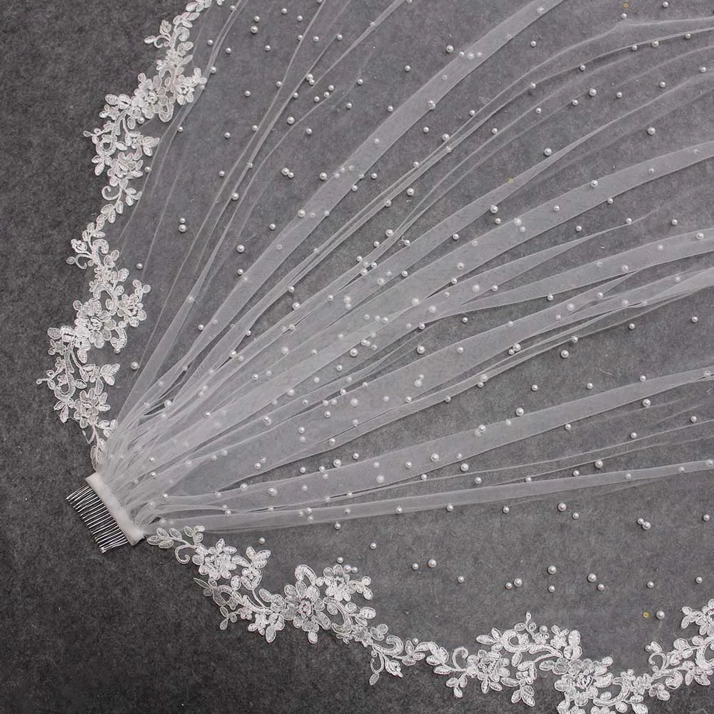 Customized High Quality Pearls Wedding Veil with Lace Appliques Edge 2.5 Meters Long Bridal Veil with Comb 250CM Veil for Bride