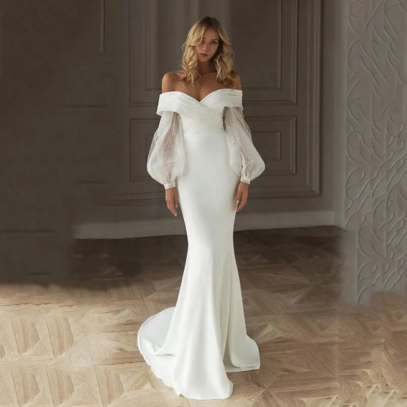Modest Mermaid Wedding Dresses For Women  Sequins Glitter Tulle Off The Shoulder Princess Bridal Gowns Soft Satin Robe De Marie