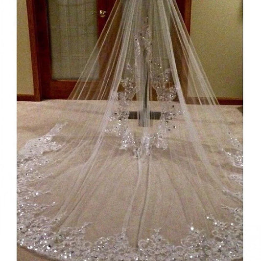Shiny Crystal Bridal Veils Beaded Lace White/Ivory Vintage Cathedral Wedding Headdress With Comb 3M/5M Accessorie Custom 2024