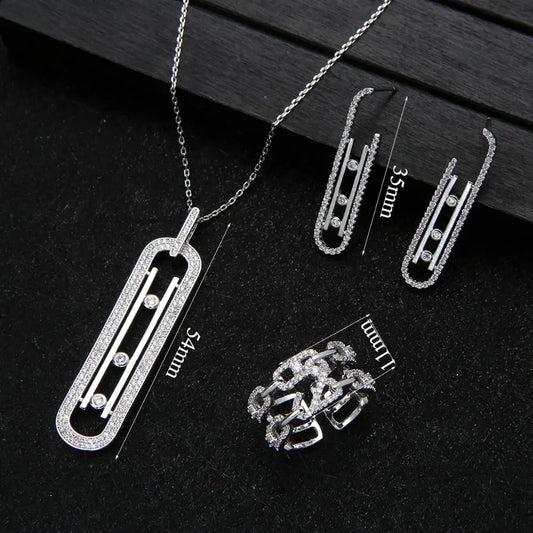 Luxury Geometry Link Stackable Pendant Necklace Earring ring set Beautiful Full Cubic Zircon Charm Women  Jewelry Gift e9361