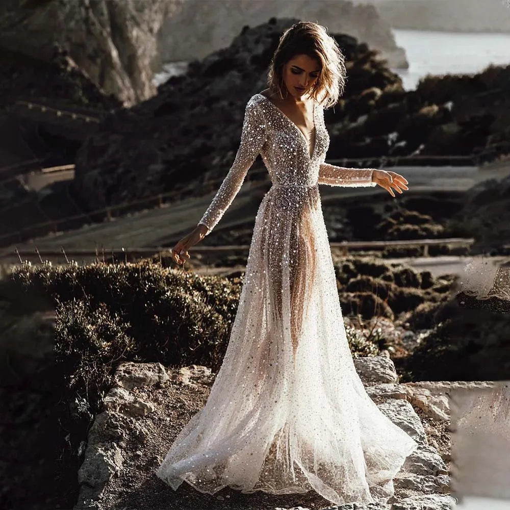 Long Sleeve Sparkly Wedding Dress – Glitter Tulle A-Line Bridal Gown with Deep V Neck | Maison Bridal