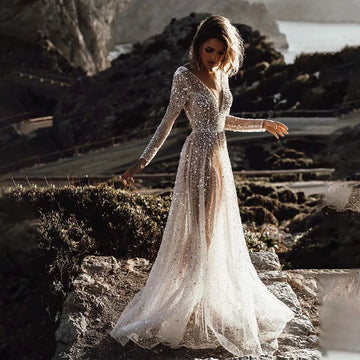 Long Sleeve Sparkly Wedding Dress – Glitter Tulle A-Line Bridal Gown with Deep V Neck | Maison Bridal