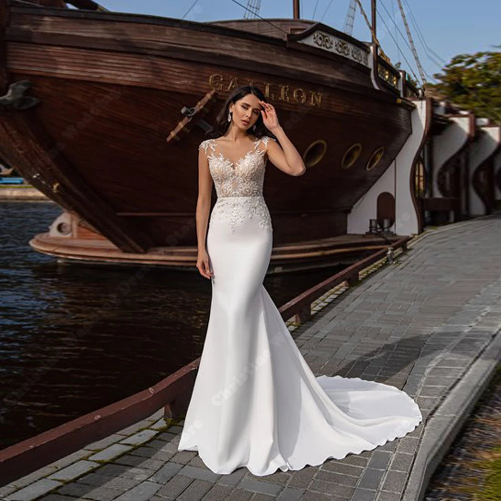 Customized Classic Mermaid Women Wedding Dresses Sexy Sleeveless Satin Bridal Gowns Princess Engagement Banquet Vestido De Novia