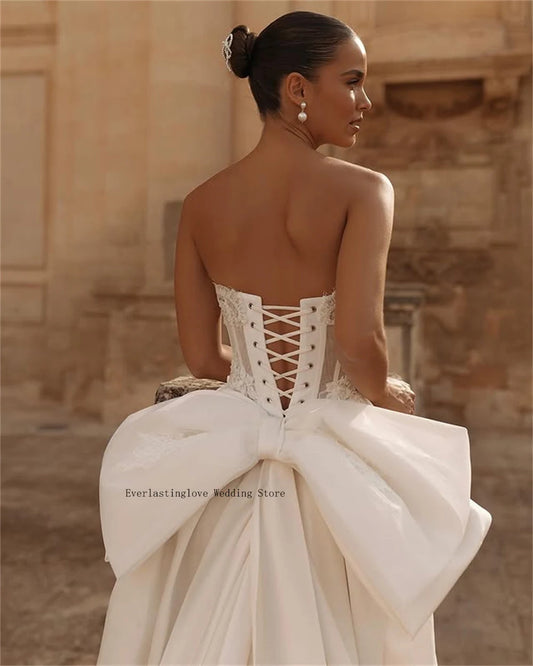 Moden Scoop Neckline Lace Applique Bridal Grown A Line Wedding Dresses Big Back Bow Custom Made 2025 Rode De Morriew