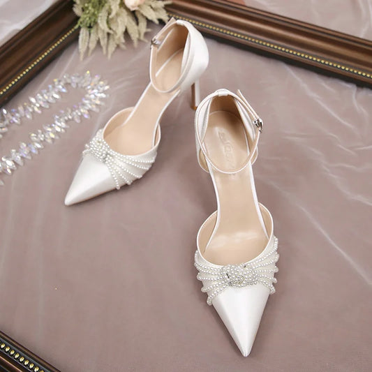 2025 New String Bead Pumps Pointed Thin Heels White Wedding Shoes Bridesmaid High Heels Sexy Satin Single Shoes