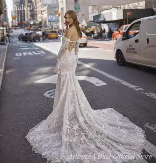 Newest Wedding Dresses Lace Mermaid Long Sleeves Off The Shoulder With Illusive Back Customized Bride Gowns Vestidos De Novia