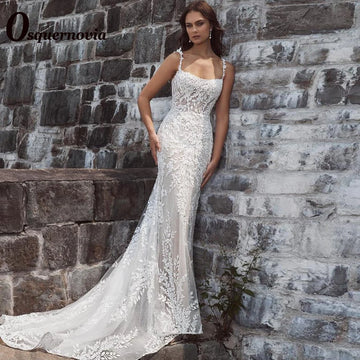 Osquernovia Vintage Square Collar Wedding Dresses for Women Spaghetti Straps Court Train Appliques Vestido De Noiva Customised