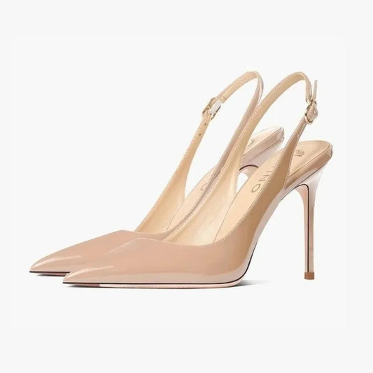 Women's Summer Pointed Toe High Heels Soft Leather Nude Color Hollow out Sandals Thin Heel Strap Buckle Simple Design Shoes