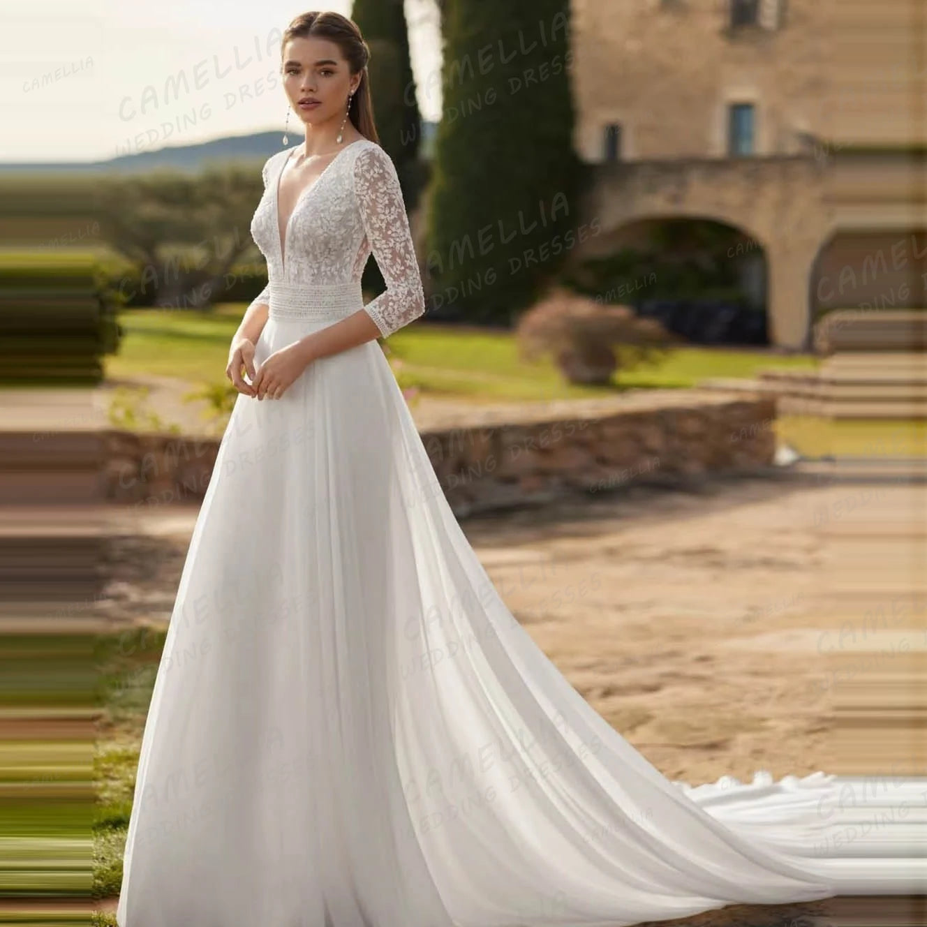 Luxury Boho 2025 Wedding Dresses Women's A Line Appliques Backless Bridal Gowns Chiffon Long Sleeve Vestidos De Novia Customized