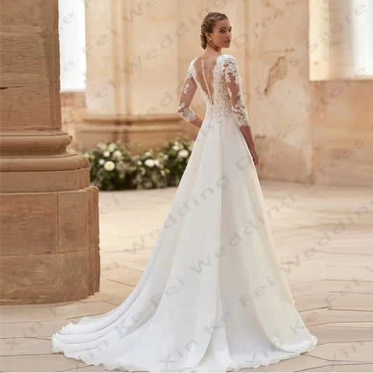Elegant Women's V-Neck Wedding Dressees Lace Applique Long Sleeved Princess A-Line Bridal Gowns Formal Beach Party Welcome Guest