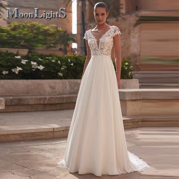 Moonlight Elegant A-line Wedding Dress for Bride Cap Sleeves Appliques Button Chiffon V-neck Vestidos De Novia Customized