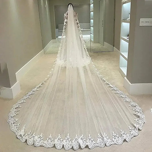 Lace Edge Cathedral Wedding Veil One-Tier Tulle long Veils for Brides with Comb Wedding Accessories