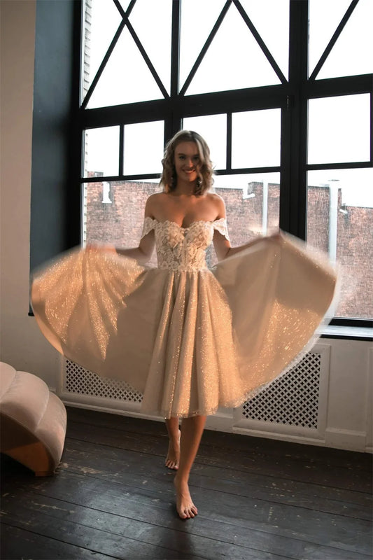 Sparkly Off The Shoulder Sweetheart Tea Length Wedding Dresses Custom Made Bridal Grown Vestido De Noival