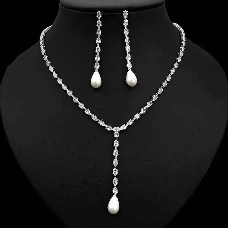 Elegant Cubic Zirconia and Long Drop Pearl Necklace and Drop Earrings Wedding & Part Jewelry Set 2023