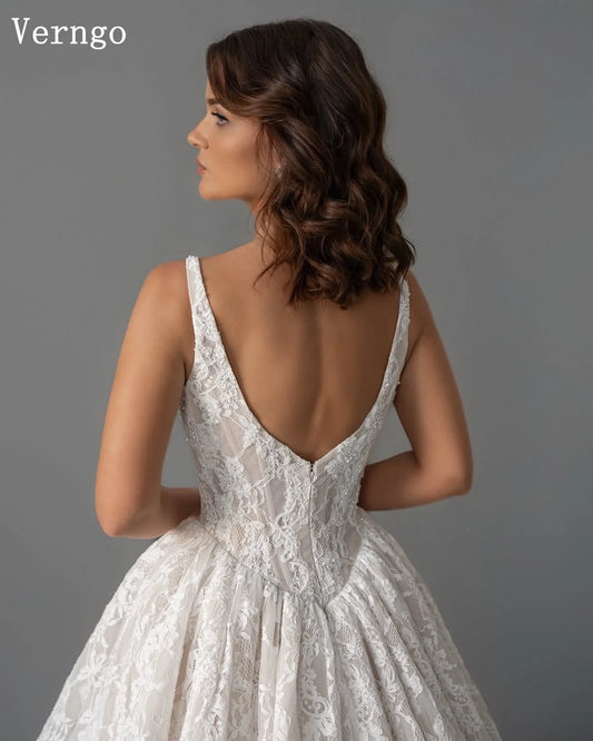 Verngo lvory Lace Bride Gowns Spaghetti Straps A Line Sweap Train Wedding Dress Luxury Elegant Bridal Dresses Customized