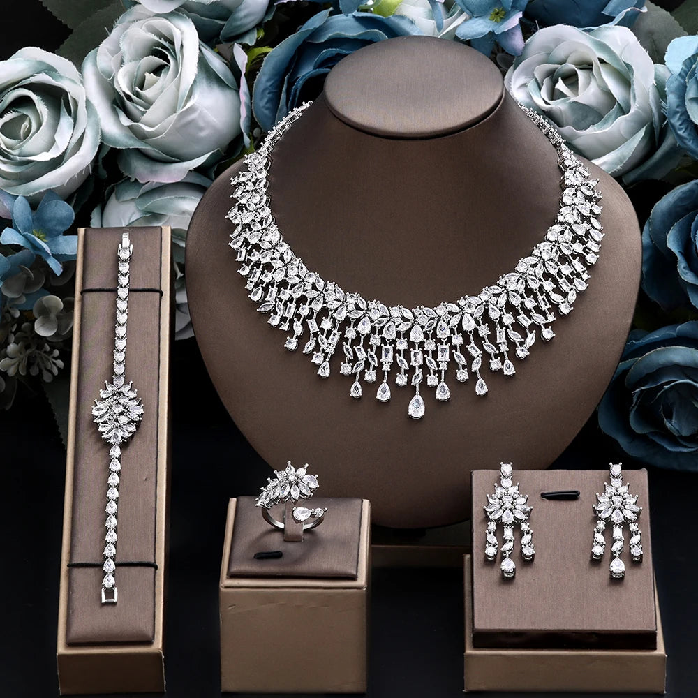 2025 New 4 Piece Rings Cubic Zirconia Bridal Wedding Jewelry Set, Dubai Crystal Wedding Jewelry Set
