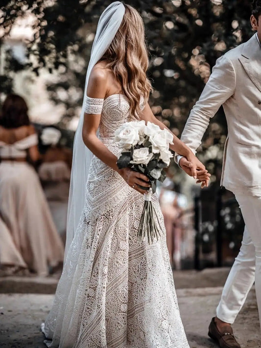 Boho Lace Off-Shoulder Wedding Dress – Romantic Mermaid Bridal Gown for Beach & Outdoor Weddings | Maison Bridal