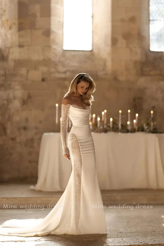 Customized Off Shoulder Long Sleeve Sweetheart Sexy Bride Gown Backless Mermaid Dress Wedding Dresses vestidos de novia