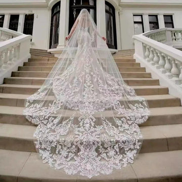 White Ivory Vintage Wedding Veil 3M Long Soft Tulle Royal Bridal Veil with Comb Bling Sequins Lace Veil Wedding Accessories