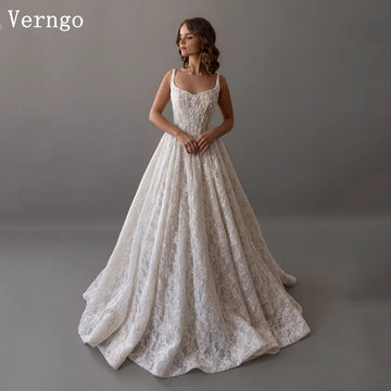 Verngo lvory Lace Bride Gowns Spaghetti Straps A Line Sweap Train Wedding Dress Luxury Elegant Bridal Dresses Customized
