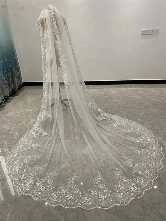 Real Photo New All Lace Edge Cathedral Length Bridal Veil Lace Veil Wide Veil 1 Layer Wedding Veil Accessories Veu Velo Noiva