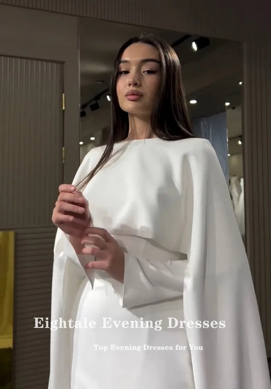 Eightale Arabic Wedding Dress Customized White Ivory O-Neck Cap Long Sleeves Mermaid Muslim Satin Bridal Gown Robe De Mariée