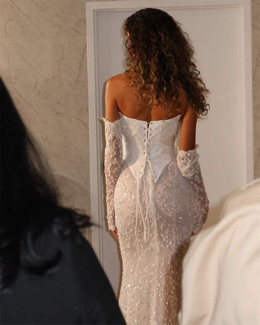 Tokyo Customized White Strapless Wedding Dress Detachable Sleeves Back Zip Bridal Gown 2025 Mermaid Floor-Length Wedding Gown