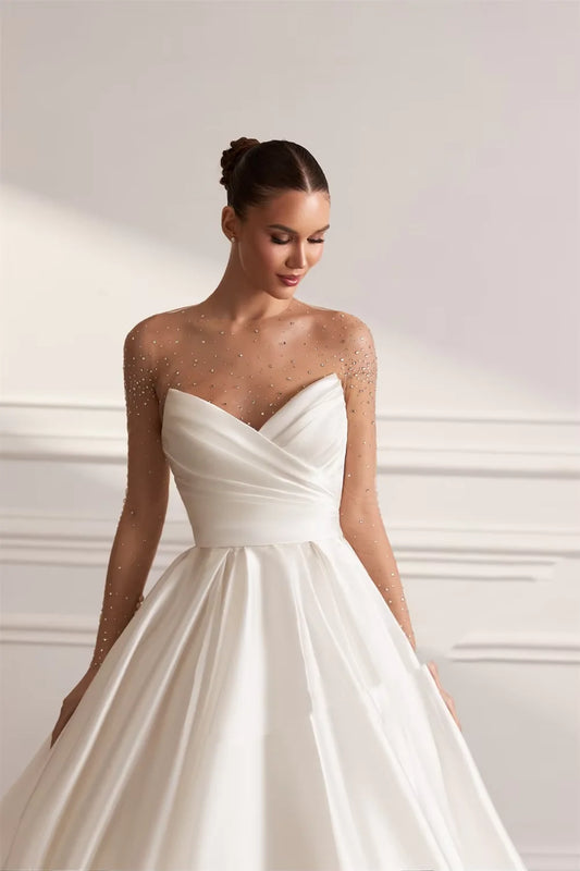 Flavinke Customized Elegant Satin Wedding Dresses 2025 For Woman Bridal A-LINE Rhinestones Pleat Buttons Vestidos Novias Boda