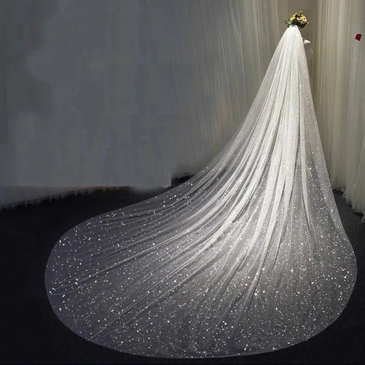 Bling Bling Bridal Veils Sparkly White Champagne Long Cathedral Glitters Wedding Veil With Comb 1 Tier velo de novia 3m 350cm 4m