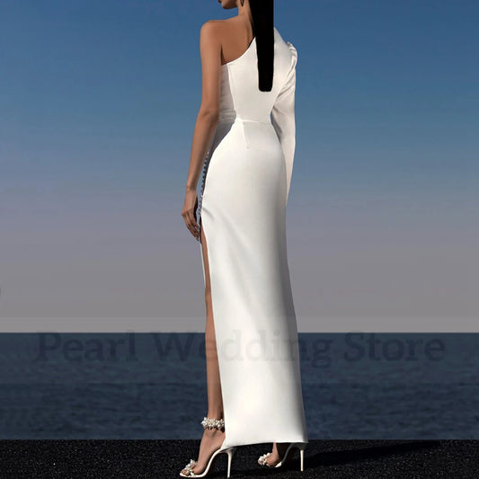 Chic Pearls Buttons Sheath Wedding Dress Boat Neck One Shoulder Long Sleeves Bridal Sexy Side Slit Ankle Length Gowns Robe