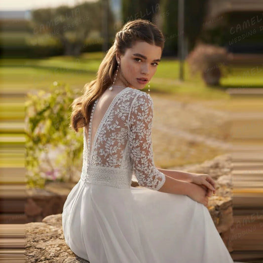 Luxury Boho 2025 Wedding Dresses Women's A Line Appliques Backless Bridal Gowns Chiffon Long Sleeve Vestidos De Novia Customized