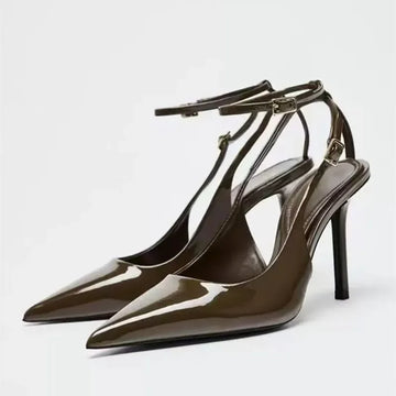 Sexy Pointed Toe Ankle Straps Buckle Women Pumps Patent Leather Slingbacks High Heels Elegant Party Shoe Stiletto Heeled Sandals
