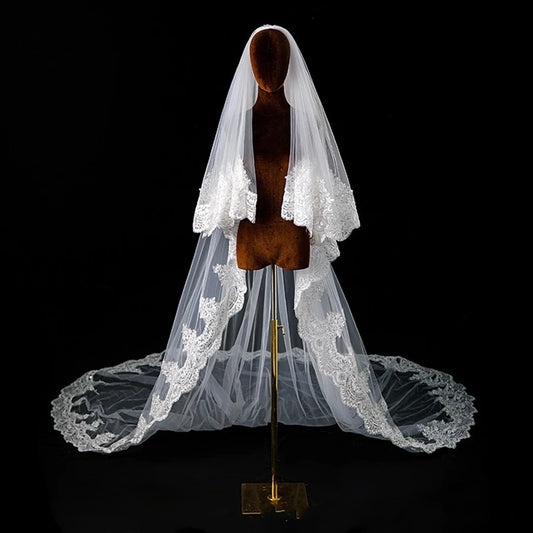 New Arrival White Ivory Cathedral Wedding Veils Beaded Crystals Bride wedding accessories Veu de noiva Lace Appliques Veils