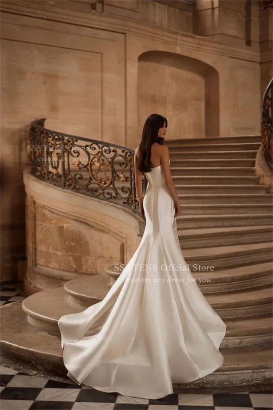 SSYTENS Mermaid Wedding Dresses Strapless Floor Length Satin Wedding Gowns Lace Long Boho Beach Bridal Prom Dresses Customized
