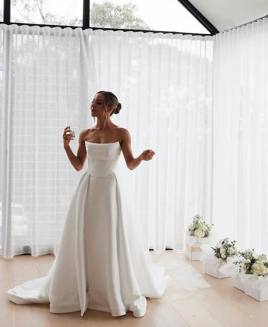 Minimalist Strapless Satin Wedding Dress – Elegant Structured A-Line Bridal Gown with Train | Maison Bridal