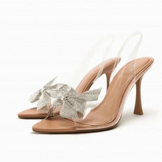 2024 Womens High Heels Sandal Shoes Woman Rhinestone Bow Sandals Women Pumps Summer Party Slippers Butterfly Knot Wedding Shoe
