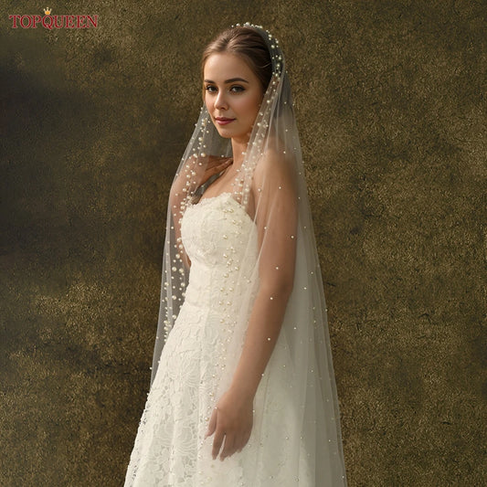 TOPQUEEN V66 Luxury Cathedral Pearl Wedding Veil No Comb Single Layer White Creamy 3m Bridal Veil  Customizable