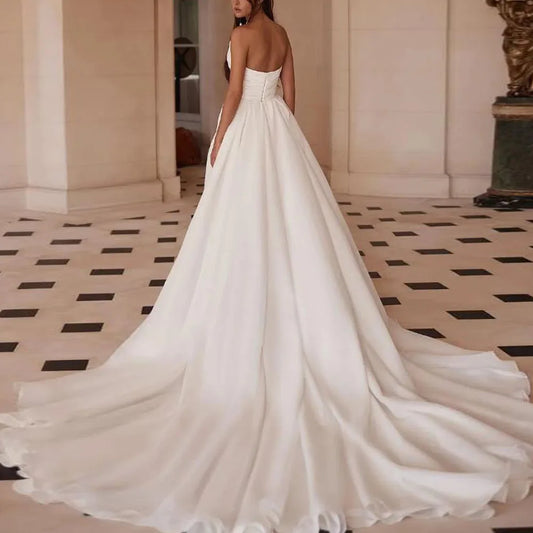 Customized Elegant White Chiffon Sleeveless V Neck Strapless Long Wedding Dress with Split Pleated Satin A Line Bridal Dresses