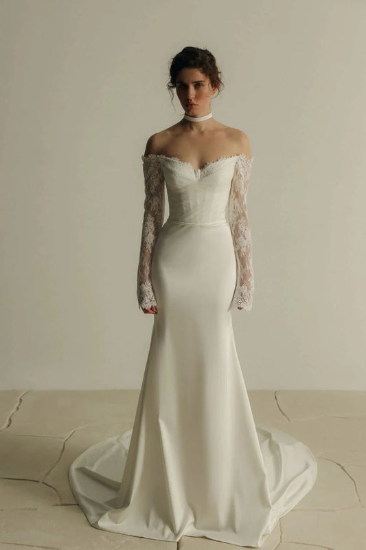 Popular Long Sleeves  Sweethart Lace Sheath Wedding Dresses Sweep Train Custom Made 2026 Vestido De Noival