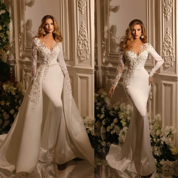 Flavinke Customized V Neck Mermaid Wedding Dresses Long sleeve Pearls Embroidery Detachable Overskirts Vestido De Novia 2025