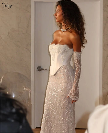 Tokyo Customized White Strapless Wedding Dress Detachable Sleeves Back Zip Bridal Gown 2025 Mermaid Floor-Length Wedding Gown