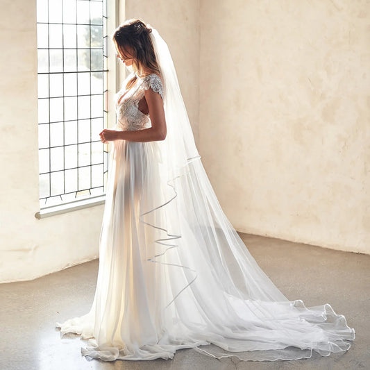 Wedding Veil Ribbon Edge 2 Tier Bridal Veils Wedding Cathedral Length Cover Front and Back Soft Italian Tulle Veil V97
