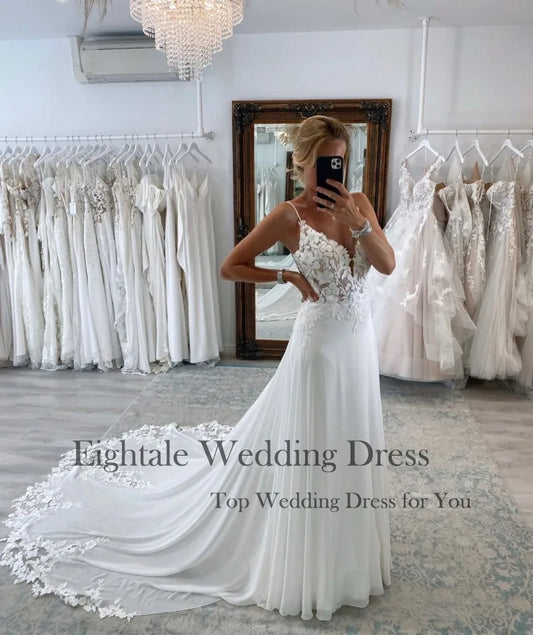 Eightale Boho Wedding Dresses V-Neck Lace Appliques A-Line Spaghetti Straps Customized Court Train Bridal Gown Vestido De Novia
