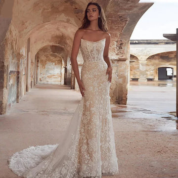 Customized SexyStrapless Mermaid Wedding Dress With Shiny Sequins Sleeveless Court Training Lace Decal Bridal GownVestidoDeNovia