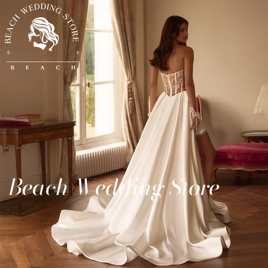 Beach Strapless Sweetheart Neckline Satin Corset Bodice Bridal Dress with High Slit Elegant Floor Length Wedding Gown Customized