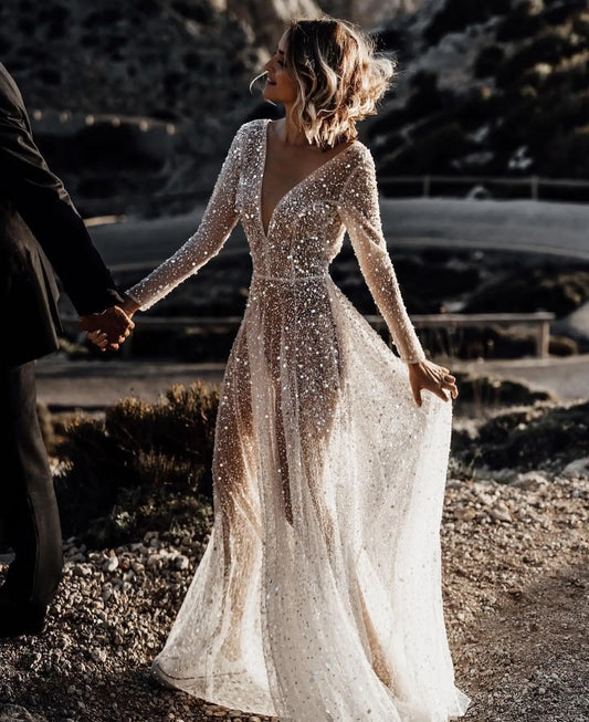 Long Sleeve Sparkly Wedding Dress – Glitter Tulle A-Line Bridal Gown with Deep V Neck | Maison Bridal