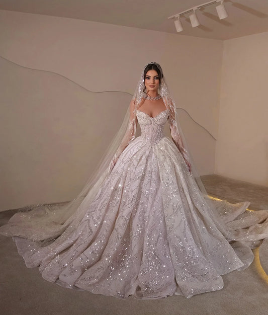 Flavinke Customized Wedding Dresses Sequins Pearls Bridal Ball Gowns Strapless Sleeveless Princess Bride Dress Vestidos De Novia