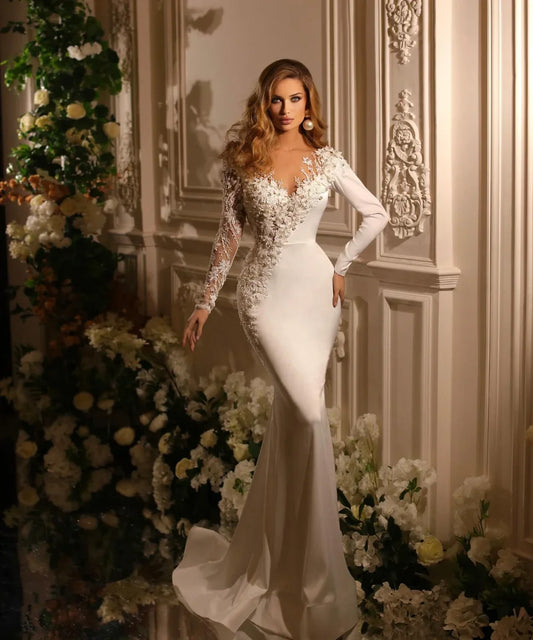 Flavinke Customized V Neck Mermaid Wedding Dresses Long sleeve Pearls Embroidery Detachable Overskirts Vestido De Novia 2025