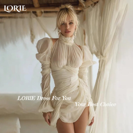 LORIE Vintage Puff Short Wedding Dress High Collar A-Line Tulle Mini Bridal Gown Princess Pleats Bride Gown Customized No Golve