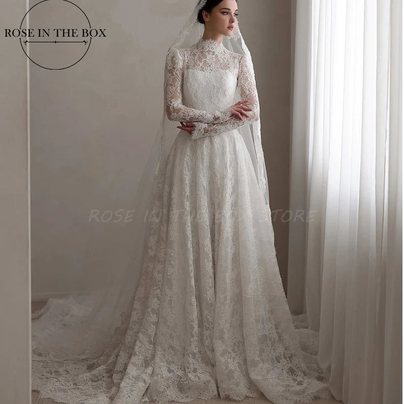 ROSEINTHEBOX Elegant Lace Wedding Dresses Luxury 2025 Long Sleeve A-line High-Neck Bride Wedding Dress Customized Bridal Gown
